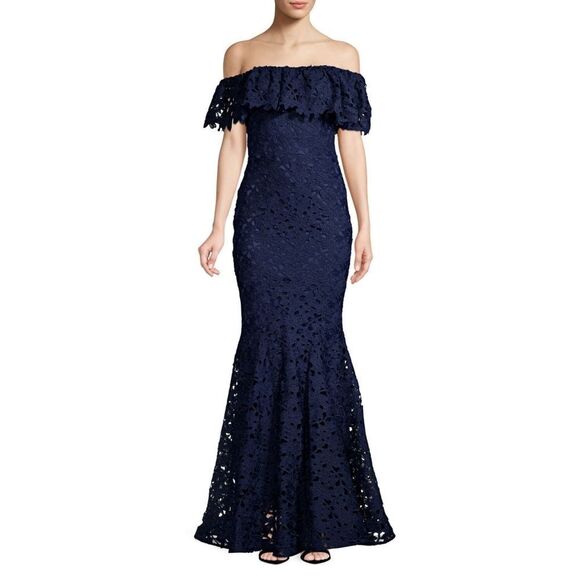 New! NICOLE BAKTI Off-Shoulder Floral Lace Trumpet Gown Dress Size 10 Navy Blue - Picture 1 of 2